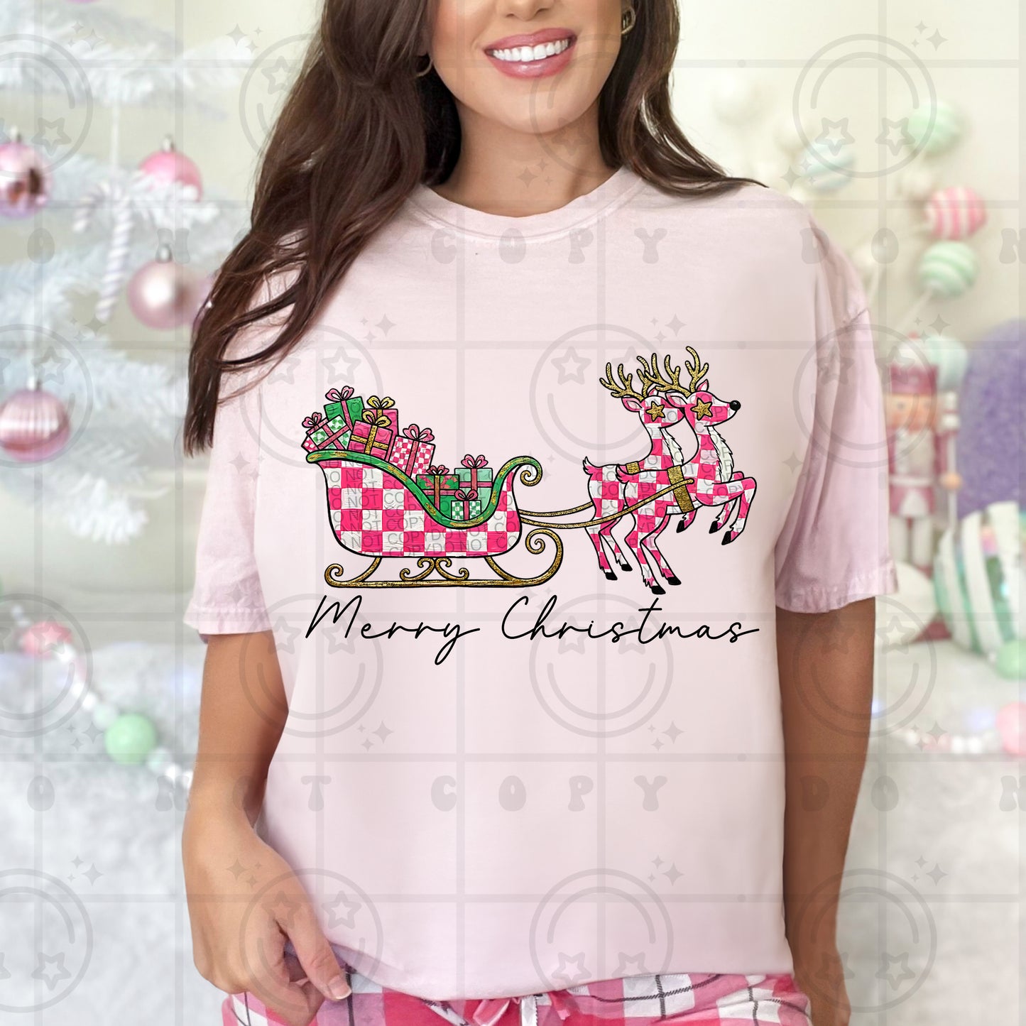 merry christmas pink checkered print -DTF&UV
