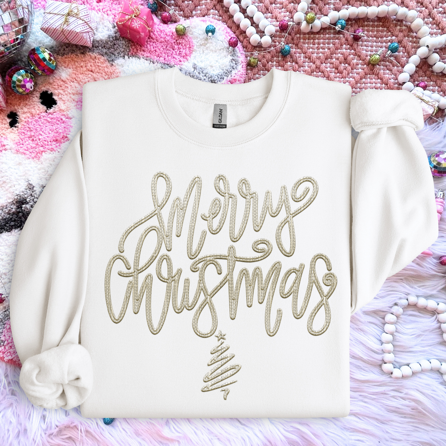 Merry Christmas script faux emb(ALL colors in this listing- dropdown)-dtf