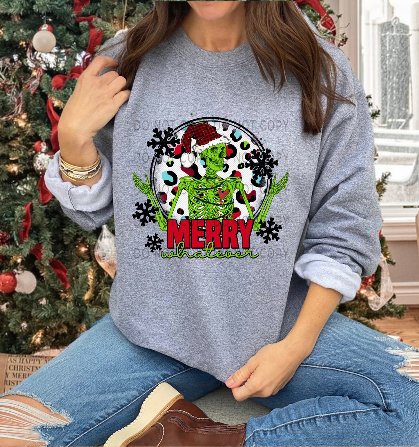 Merry Whatever Skelton With Multicolor Leopard Background - DTF
