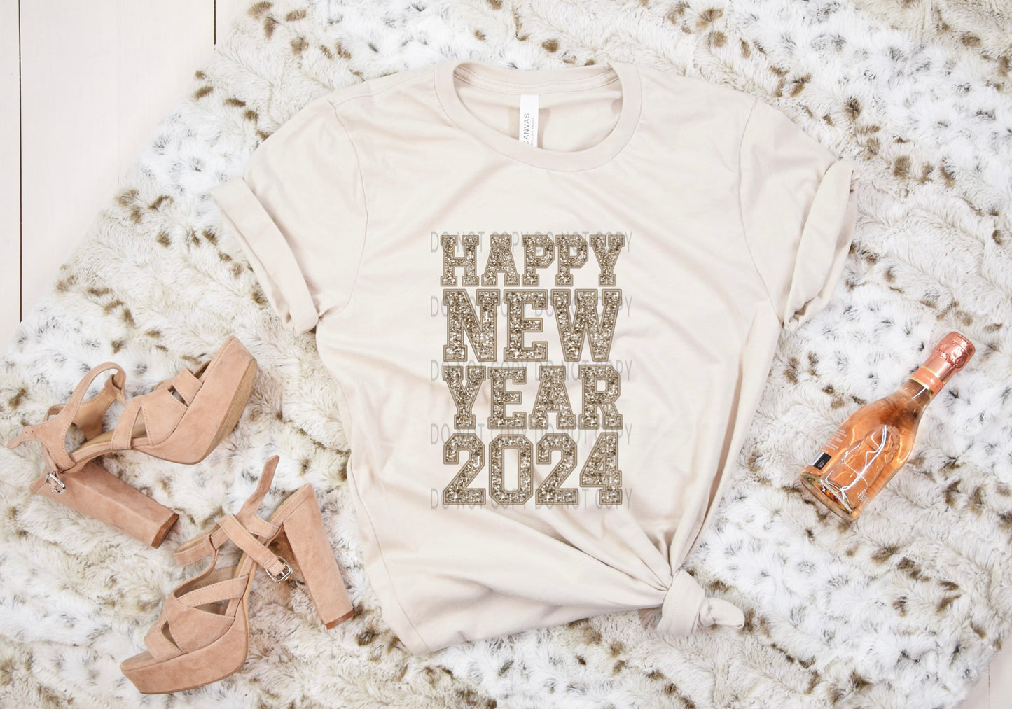 Happy New Year 2024 Faux Embroidery Sequin Gold - DTF
