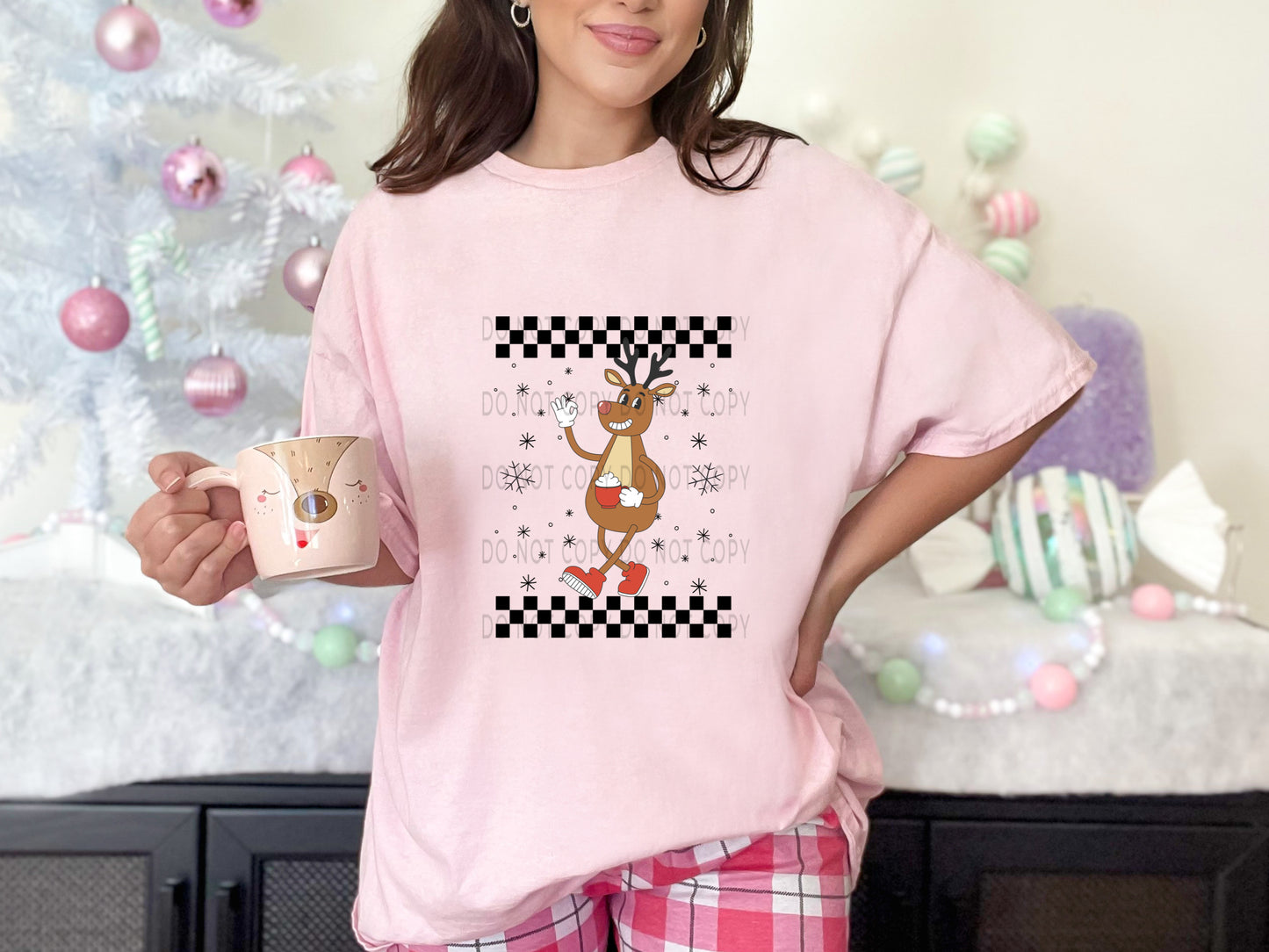 Reindeer Drinking Hot Cocoa Retro Checkered Christmas - DTF