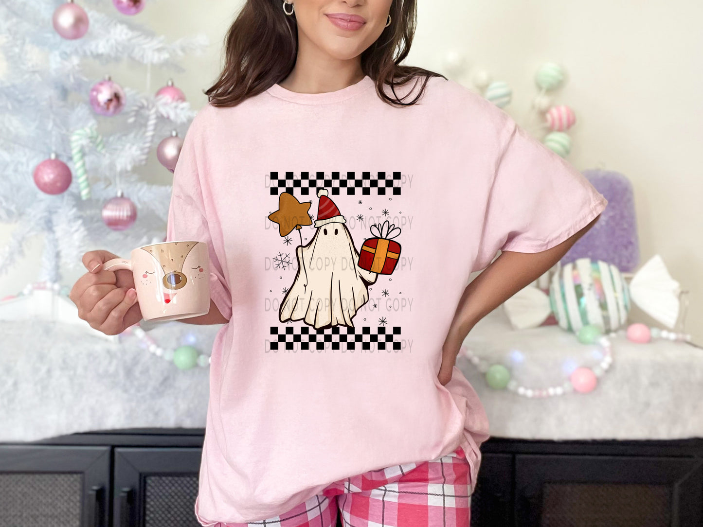 Ghost With Present Retro Checkered Christmas - DTF
