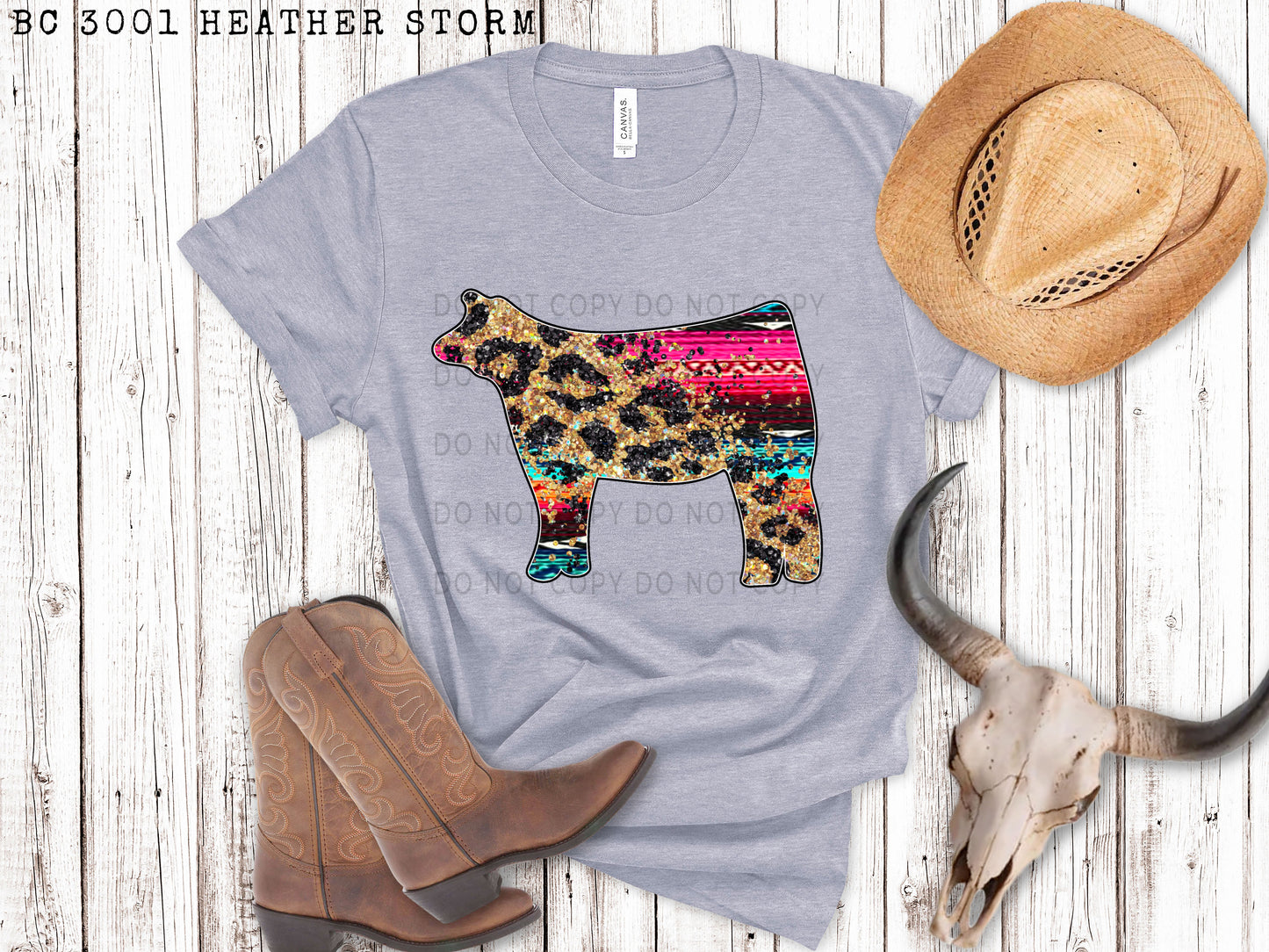 Faux Sequin Leopard And Serape Cow Facing Left - DTF