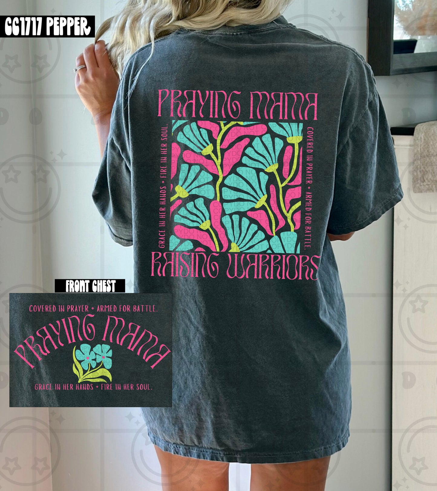 praying mama raising warriors pink teal (pocket) -DTF
