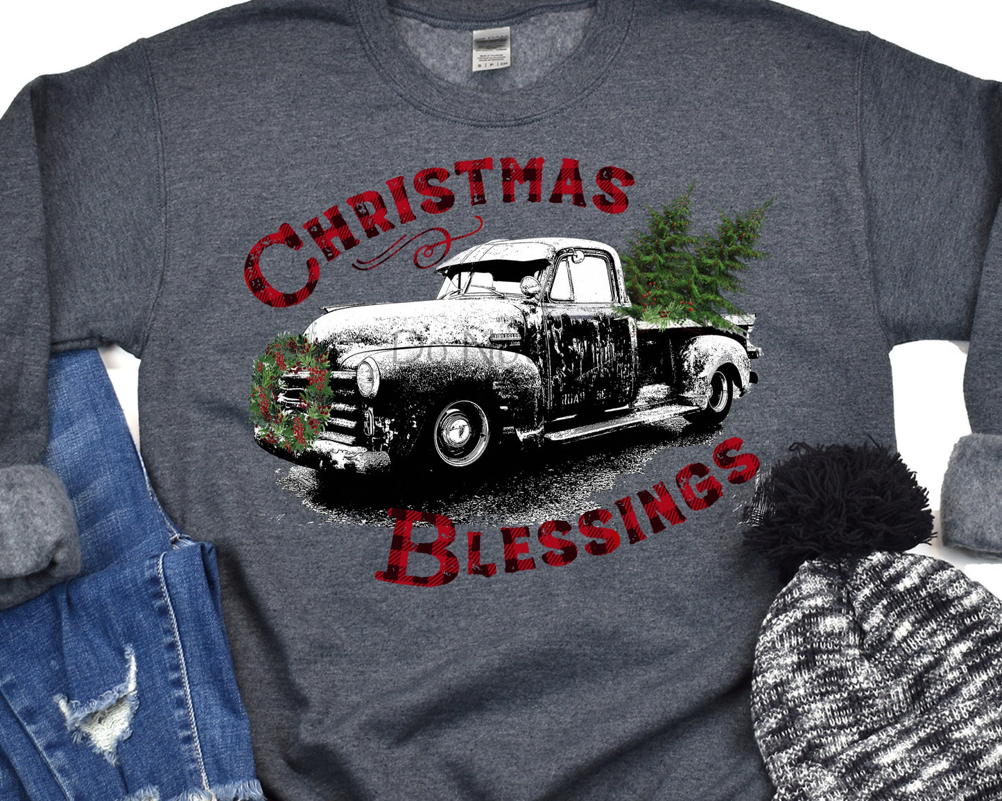 Christmas blessings black truck snow-DTF