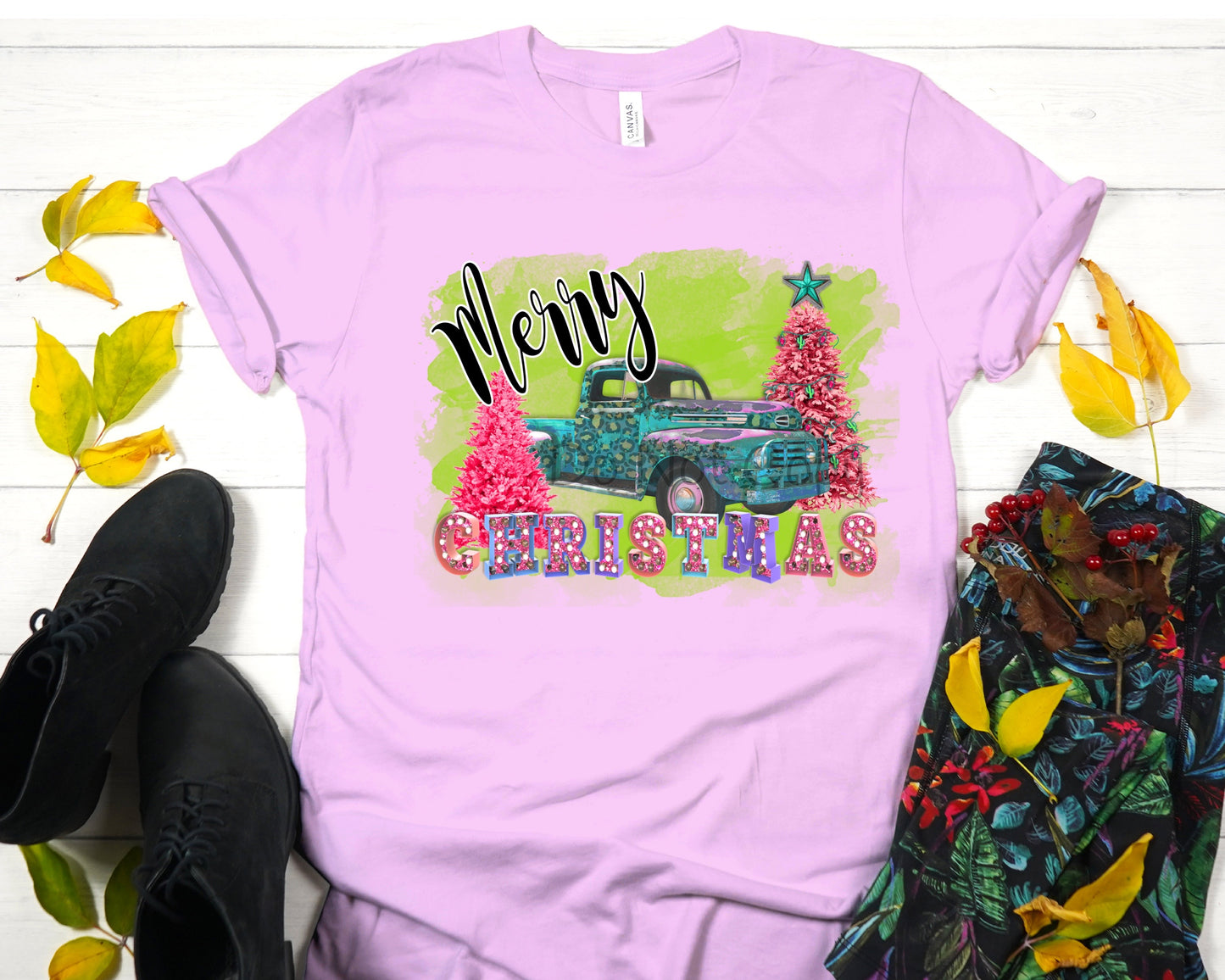 Merry Christmas truck pink trees-DTF