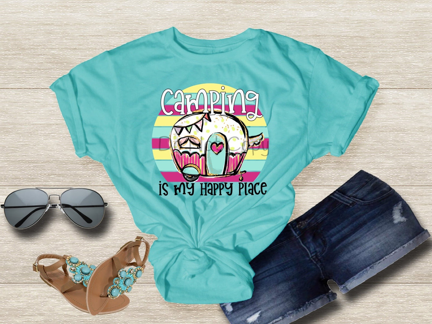 Camping is my happy place pink heart on door- DTF