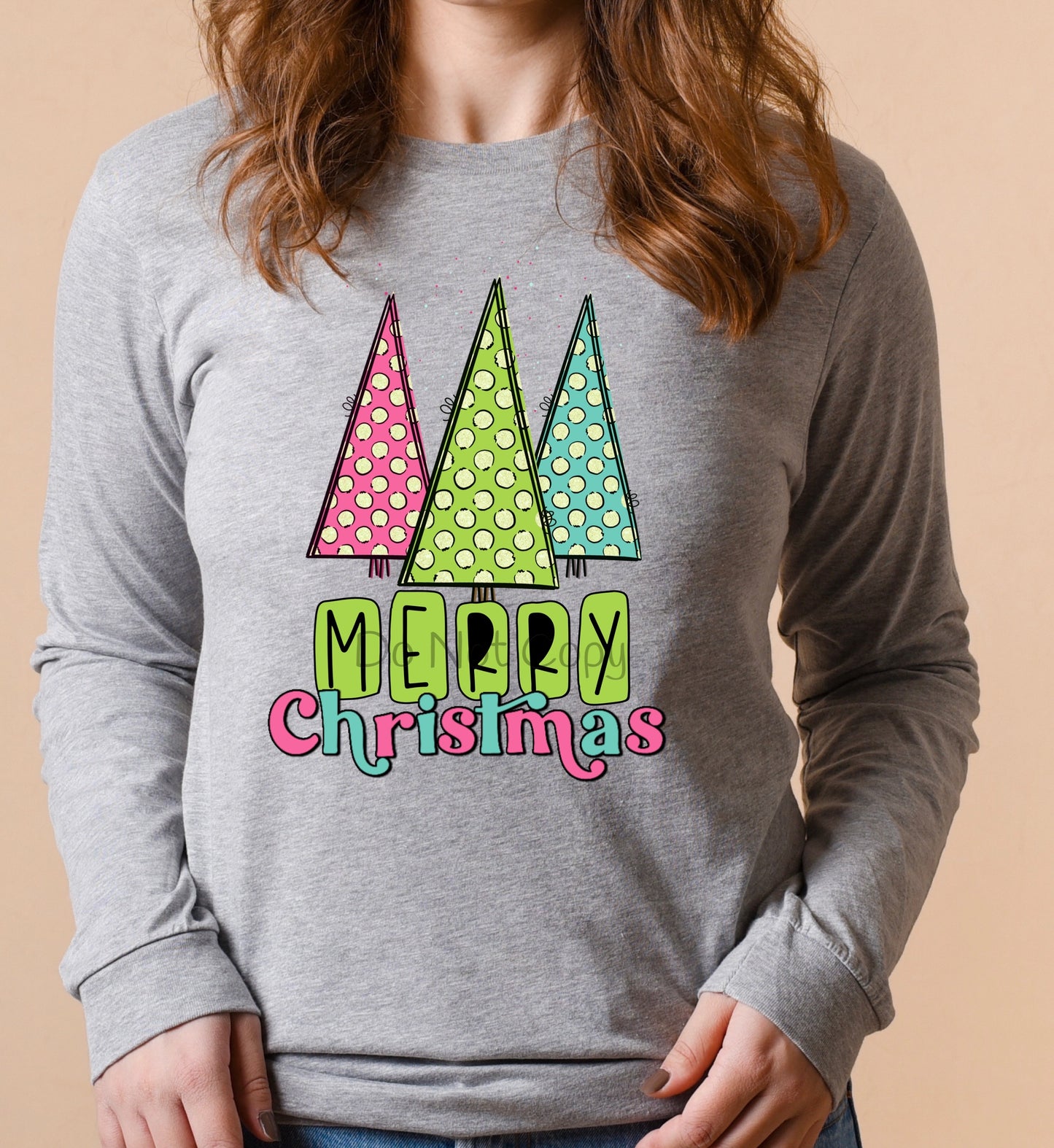 Merry Christmas pink green blue trees-DTF