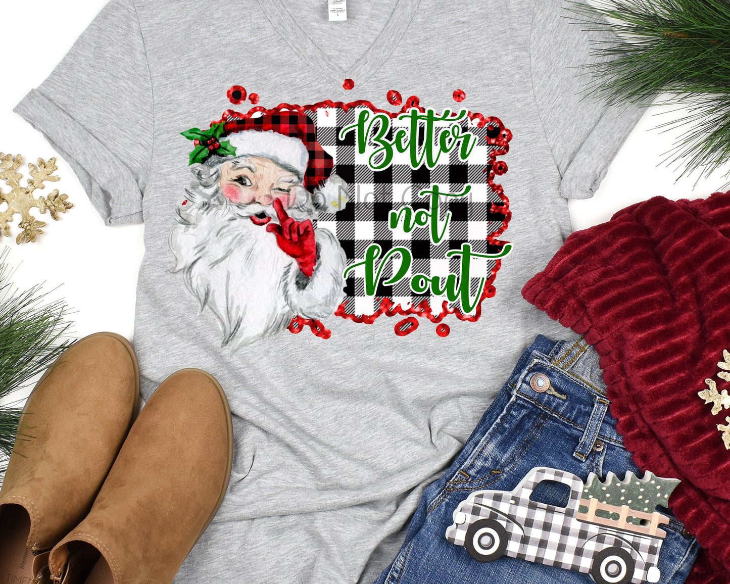 Better not pout Santa red glove plaid-DTF