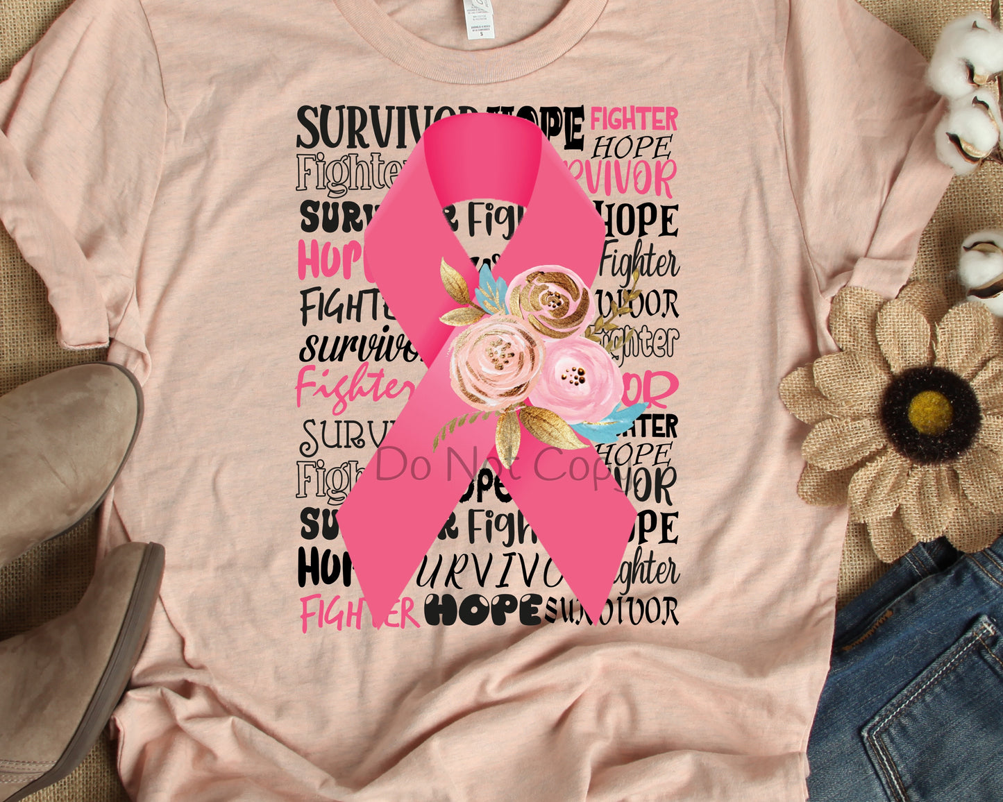 Pink ribbon flowers words behind-DTF