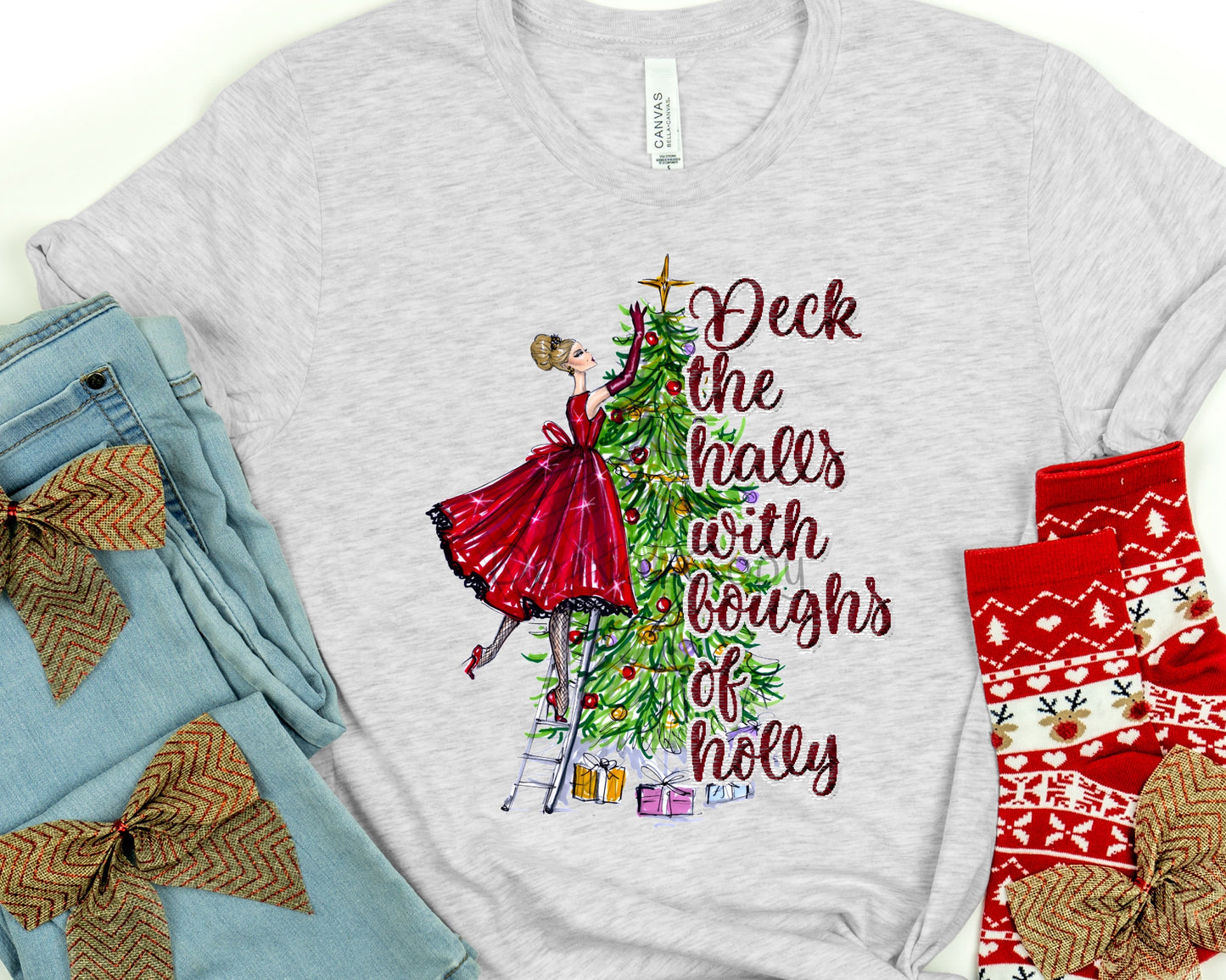 Deck the halls lady on ladder-DTF