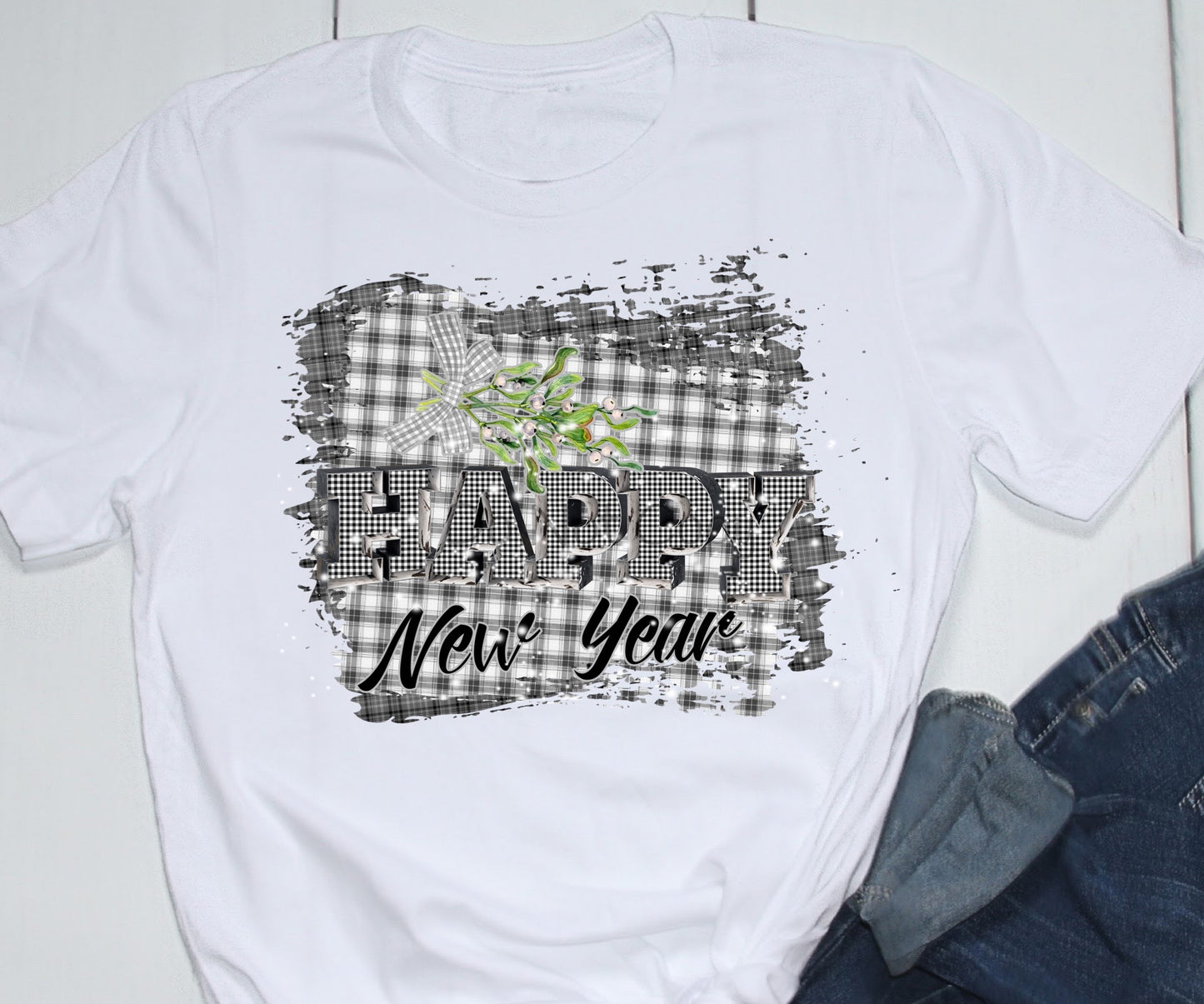 Happy new year black white plaid-DTF