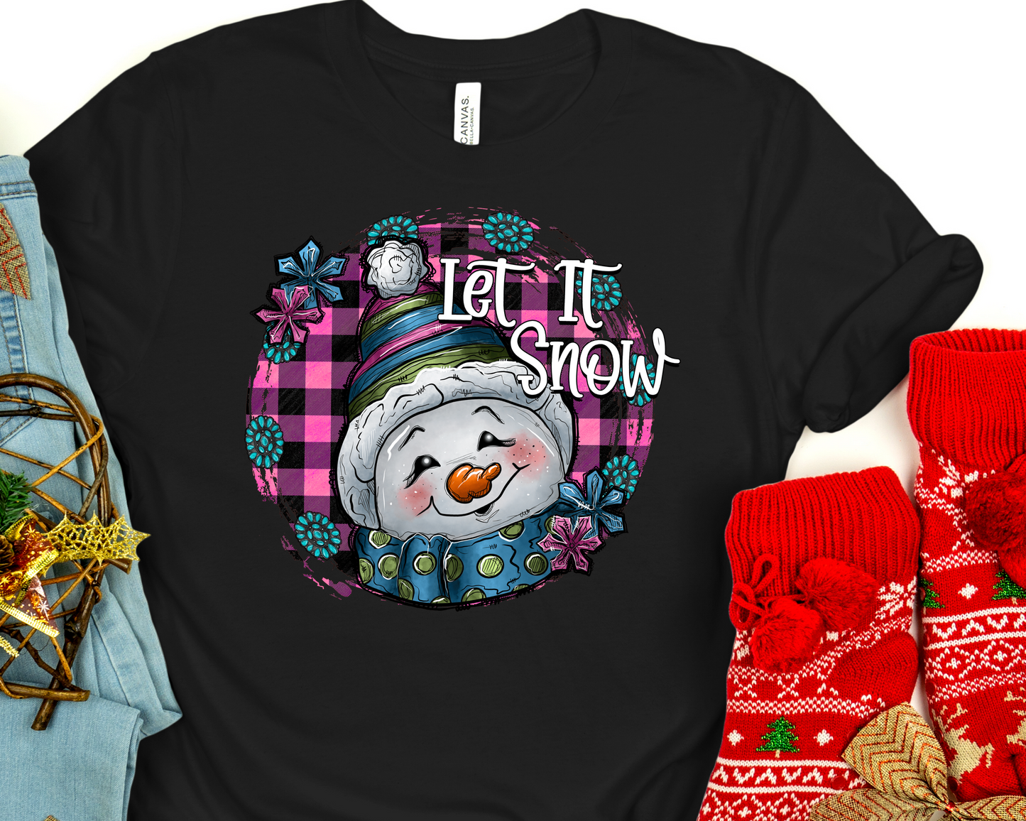 Let it snow snowman pink circle -DTF