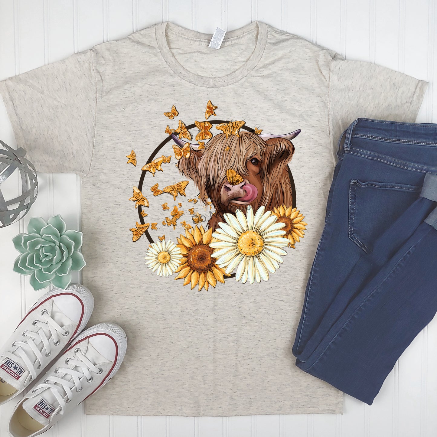 Cow with sunflowers daisies & butterflies -DTF