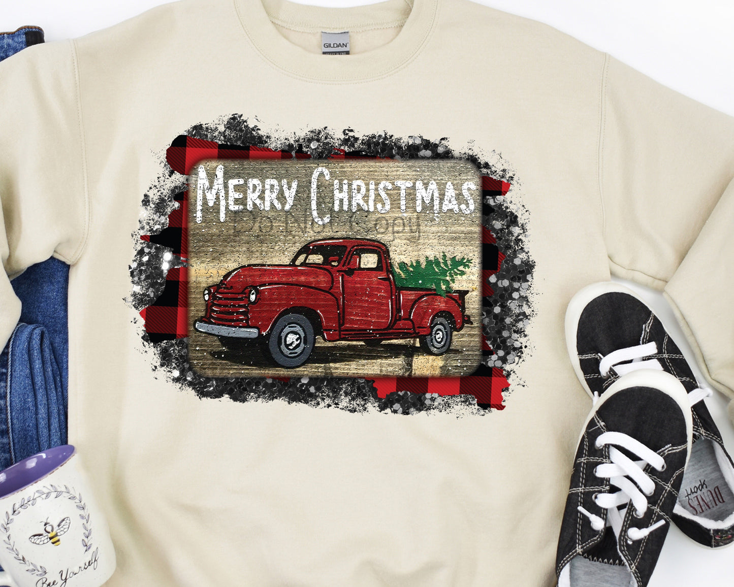 Merry Christmas red truck buffalo plaid frame-DTF