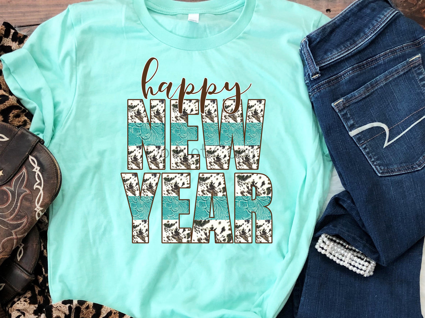 Happy new year cow print turquoise-DTF