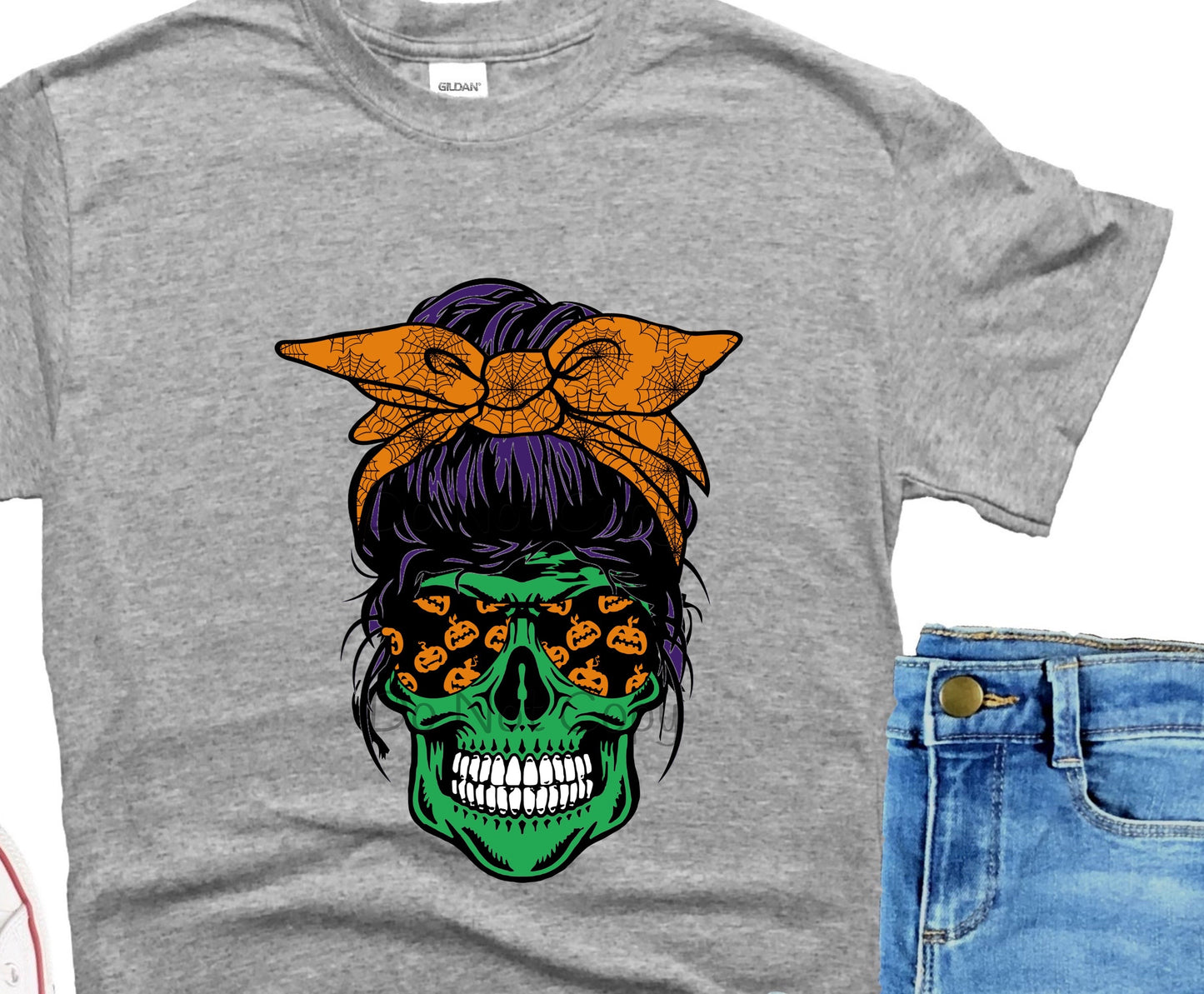 Green skull Messy bun pumpkin-DTF