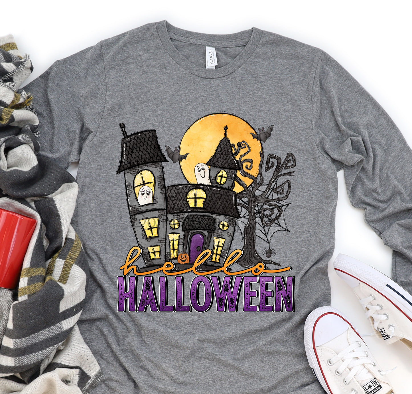 Hello Halloween house ghosts bats-DTF