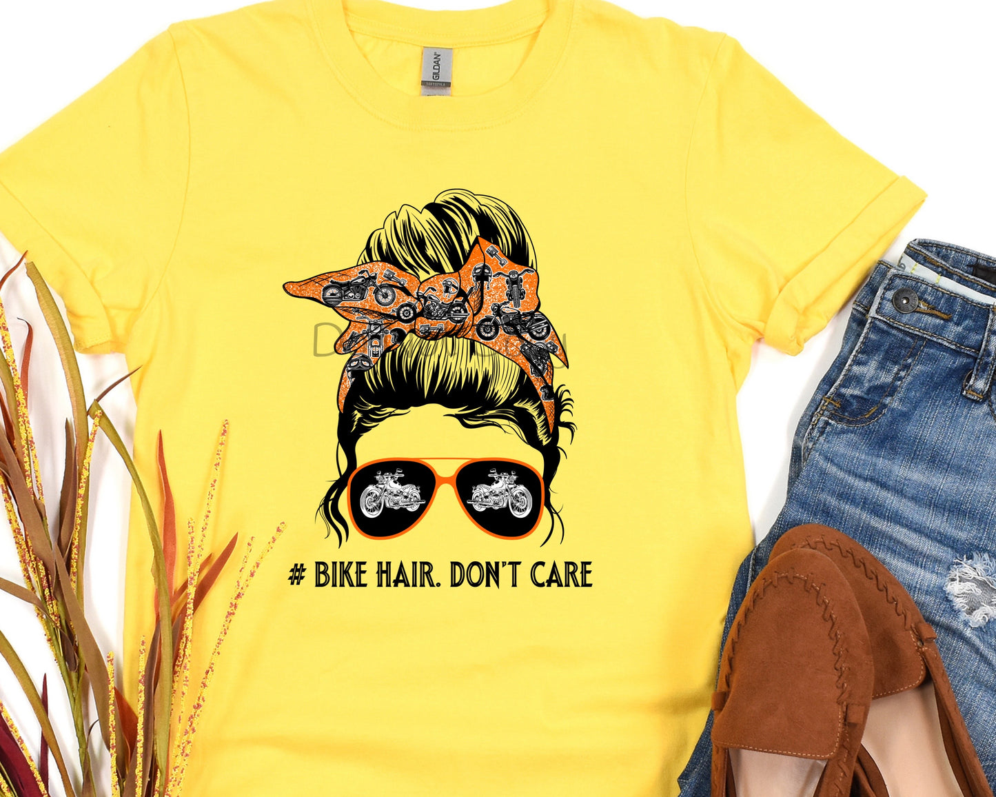 Messy bun biker hair don’t care orange-DTF