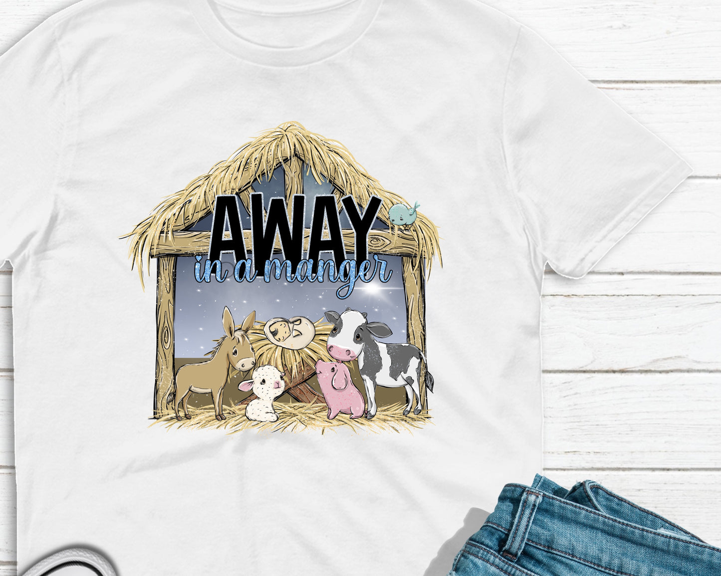 Away in a manger donkey lamb pig cow-DTF