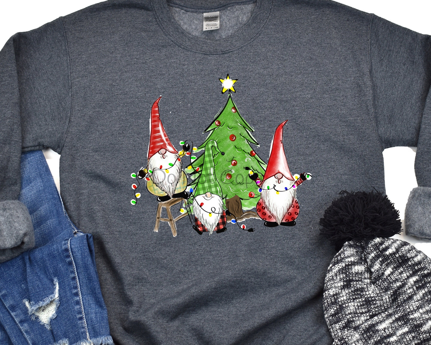 Gnomes putting lights on tree-DTF