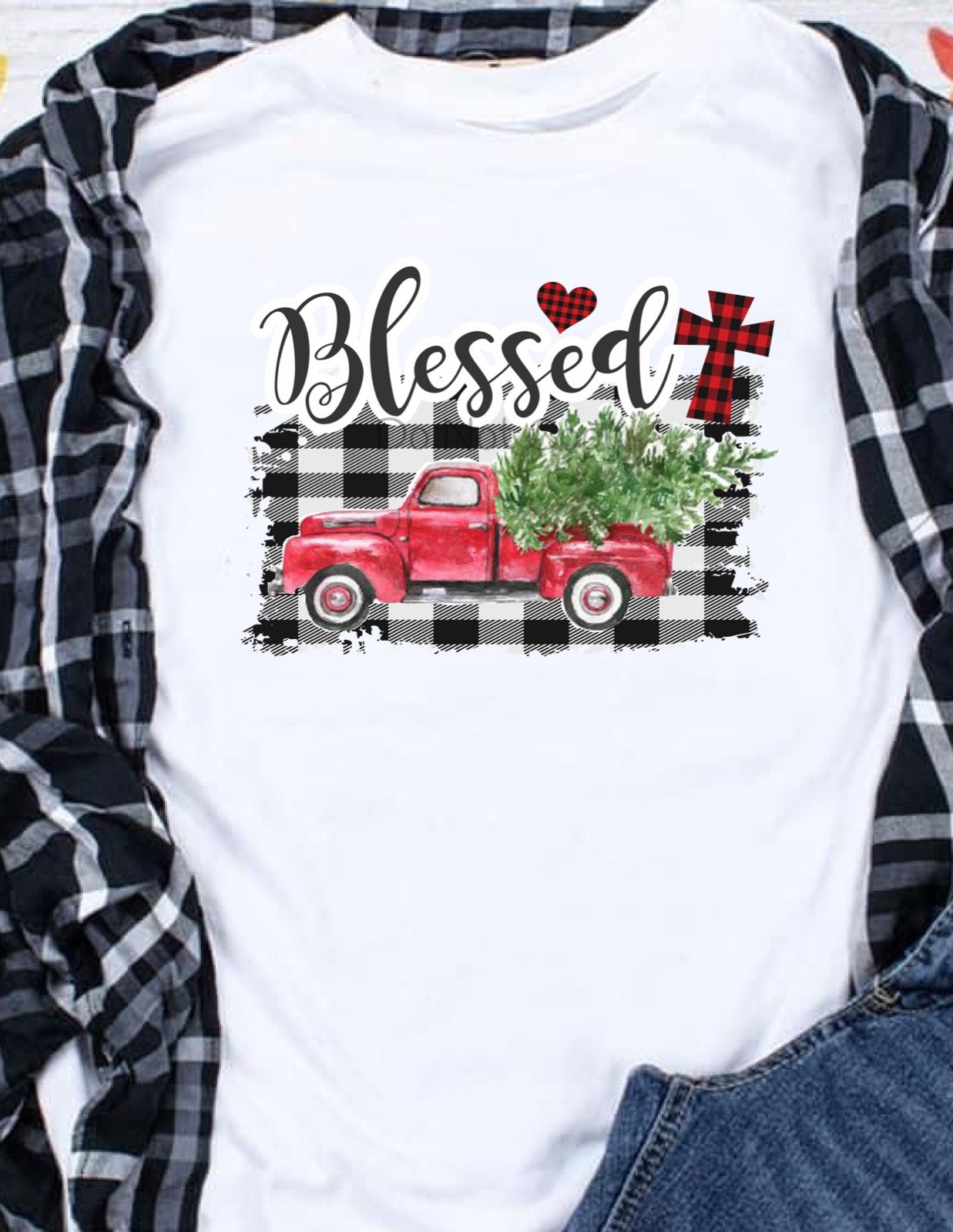 Blessed red truck cross black plaid-DTF