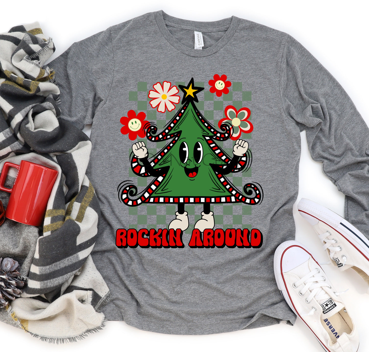 Rockin around tree red white border-DTF