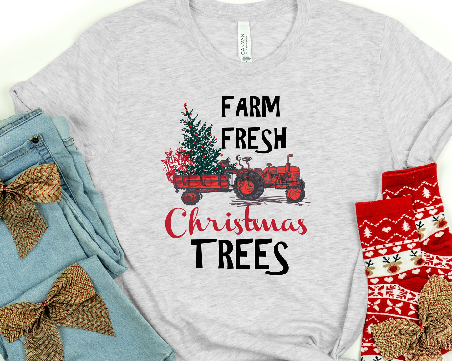 Farm fresh Christmas trees tractor pulling trailer with presents-DTF