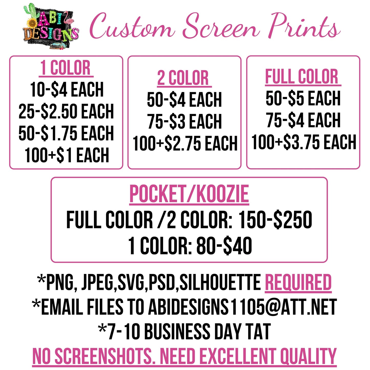 Custom Screen Print-NOT SOLD OUT MESSAGE ABI DESIGNS TO ORDER