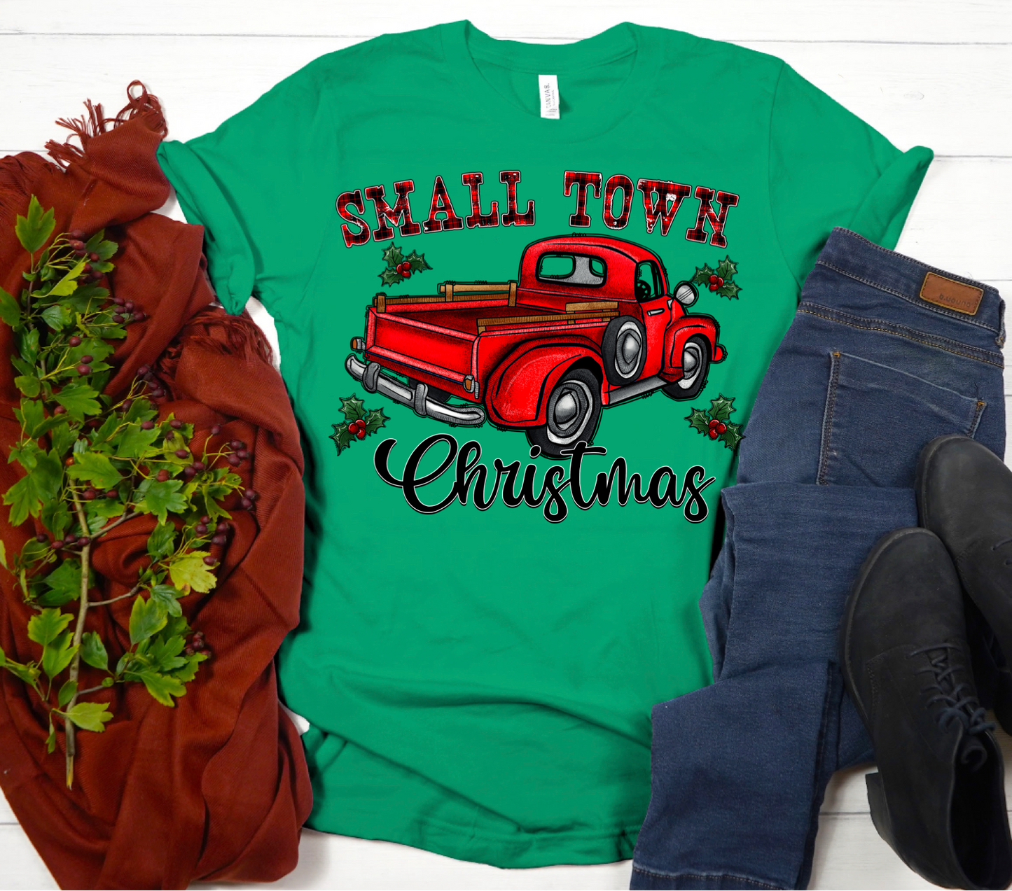 Small town Christmas truck holly -DTF