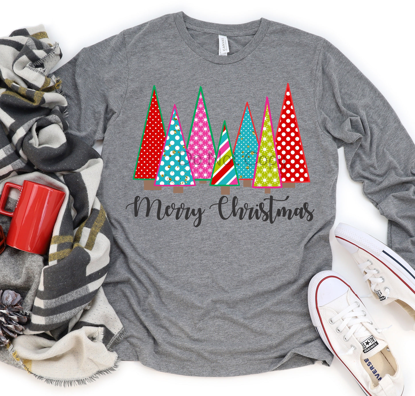 Merry Christmas trees pink green border around trees-DTF