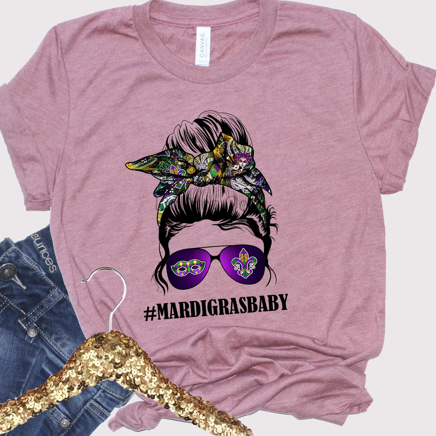 Messy bun Mardi Gras baby-DTF