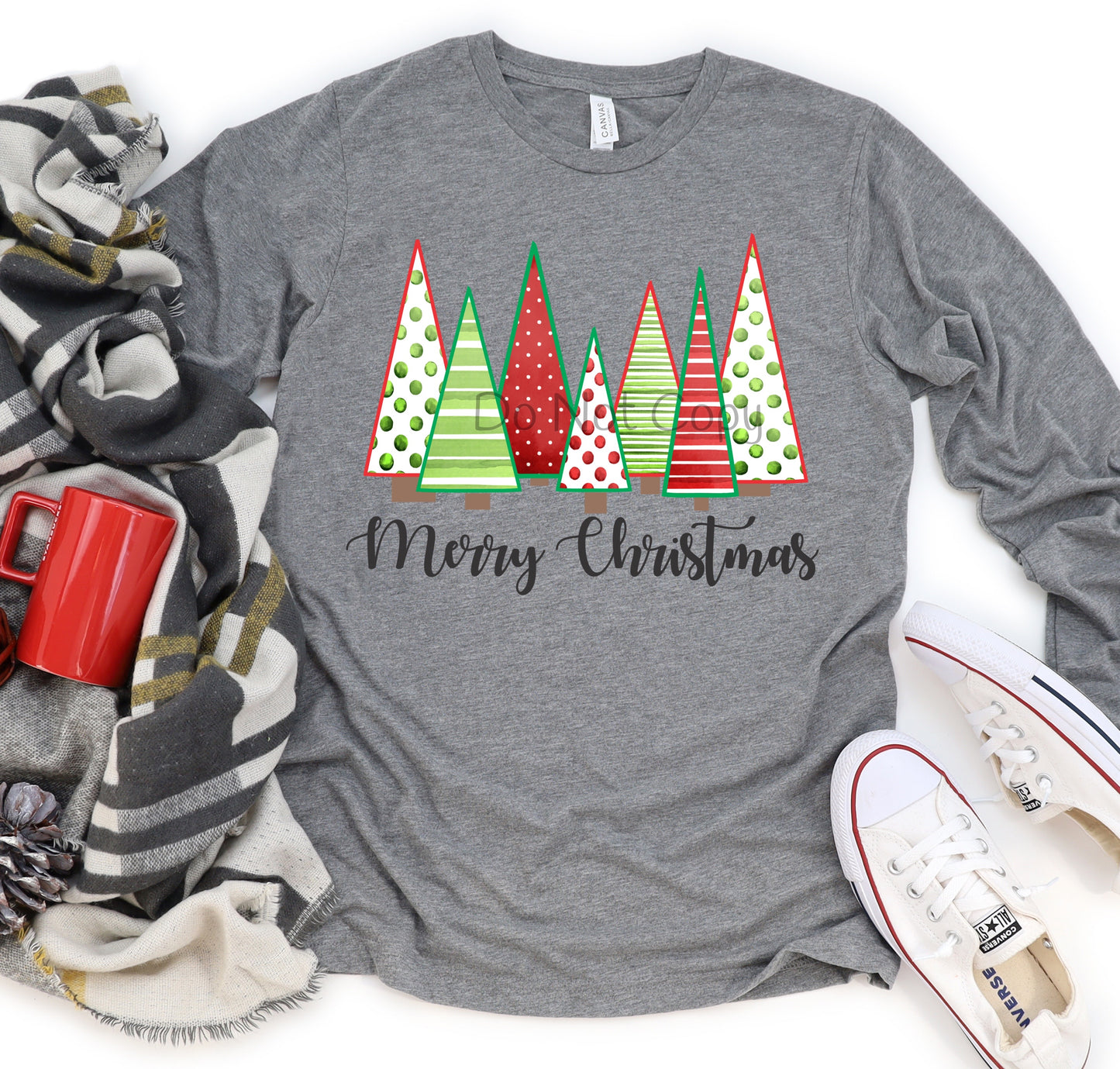 Merry Christmas trees red green red trim around trees-DTF