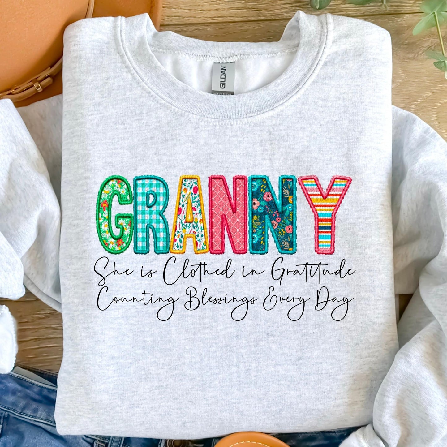 Granny She Is Clothed In Gratitude Counting Blessings Every Day Faux Embroidery DTF