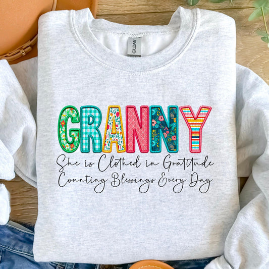 Granny She Is Clothed In Gratitude Counting Blessings Every Day Faux Embroidery DTF