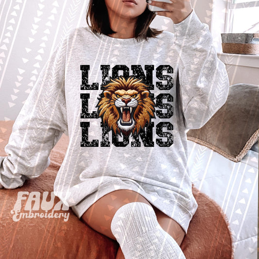 Lions Stacked Faux Embroidery Blk - DTF