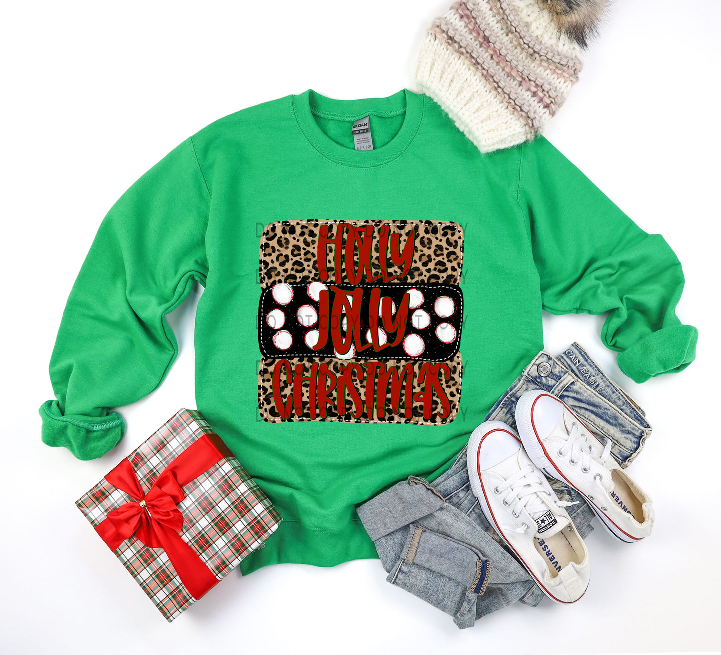 Holly Jolly Christmas Leopard With Green Outline - DTF