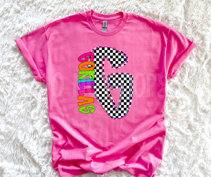 Neon Checkered Letter with Mascot Name (Dropdown)-DTF&UV