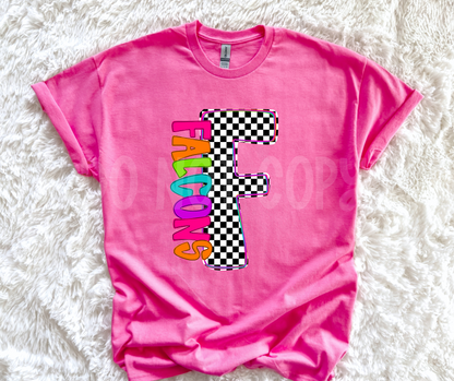 Neon Checkered Letter with Mascot Name (Dropdown)-DTF&UV