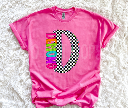 Neon Checkered Letter with Mascot Name (Dropdown)-DTF&UV