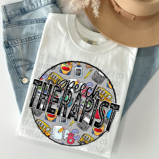 Speech Therapist Distressed Circle With School Bus And Crayons - DTF