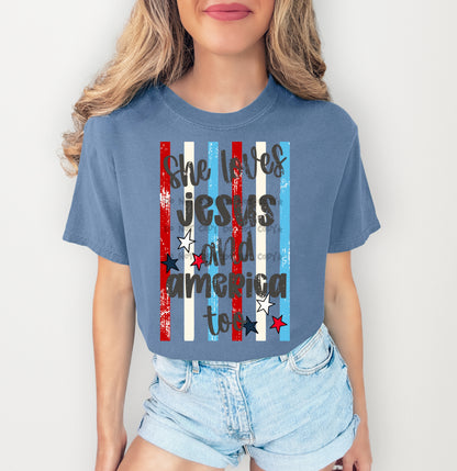 She loves Jesus and America too
Stripes- DTF&UV