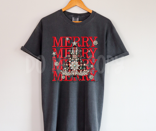 Merry Christmas  faux embroidery with plaid tree-DTF
