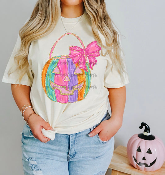 Pink pumpkin bucket with bow-DTF