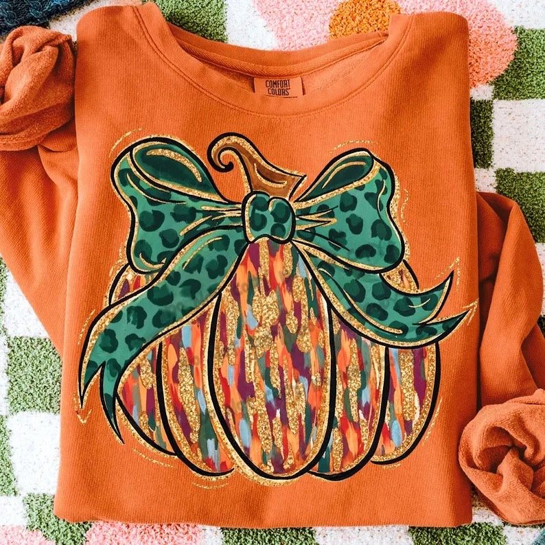 Brushstroke pumpkin green bow-DTF&UV
