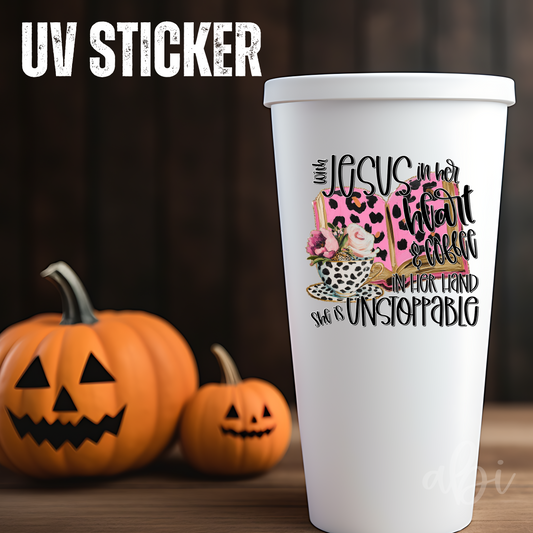 WITH JESUS IN HER HEART -UV Stickers