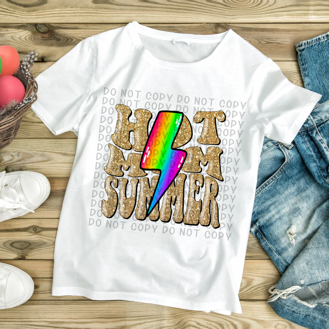 Hot Mom Summer Gold Glitter Rainbow Lightening Bolt - DTF