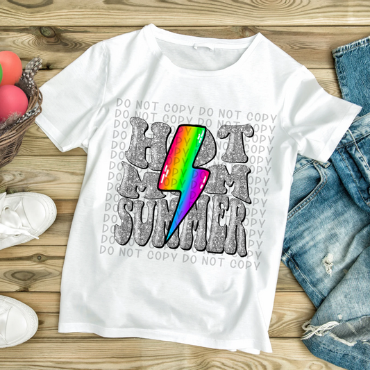 Hot Mom Summer Gray Glitter Rainbow Lightening Bolt - DTF