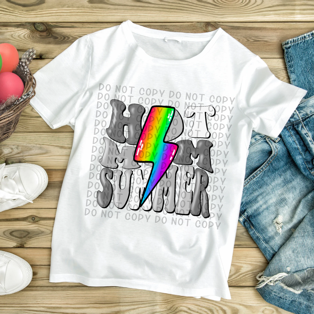 Hot mom summer gray and white with rainbow lightening bolt - DTF