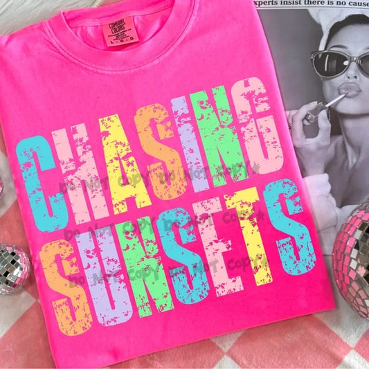 Chasing sunsets colorful distressed-DTF